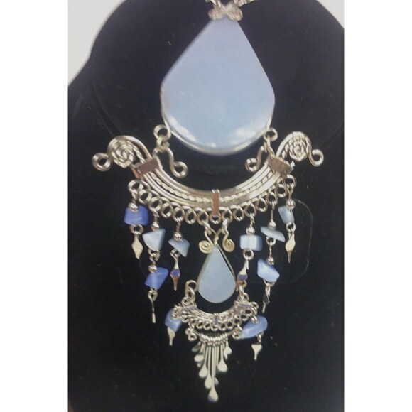 Vintage Necklace Clip Earrings Set Filigree Chandelier Blue Stones Silver Tone - Picture 2 of 4